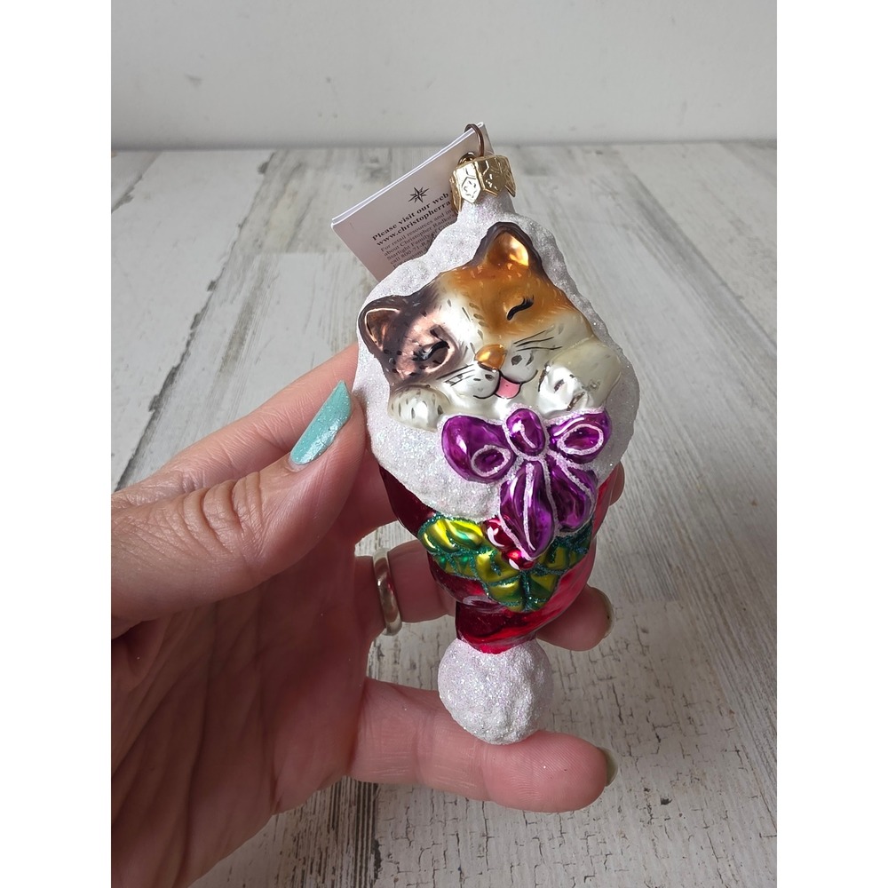 Vintage radko snuggle puss cat stocking glitter kitten glass ornament Xmas tree
